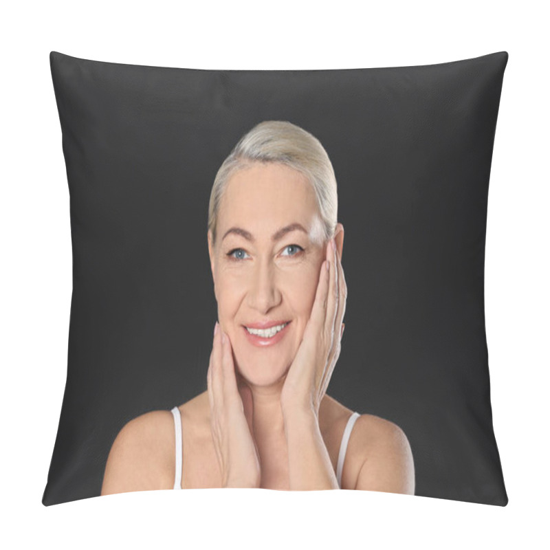 Personality  Portrait Of Beautiful Mature Woman On Black Background Pillow Covers