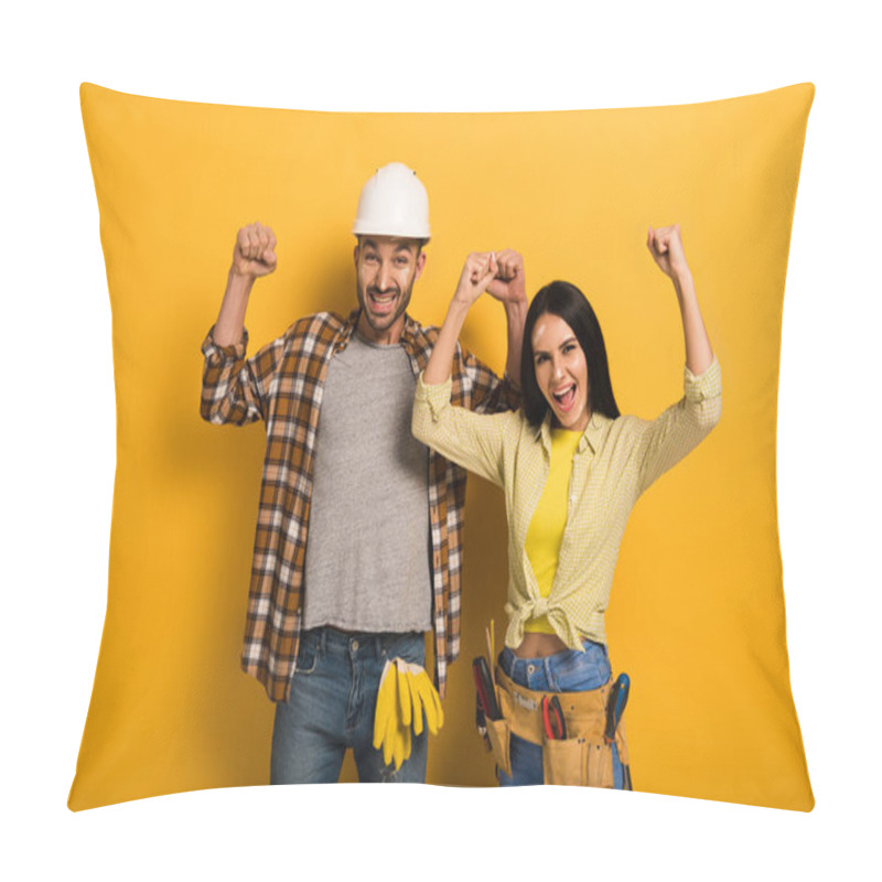 Personality  Successful Manual Workers With Hands Up On Yellow   Pillow Covers