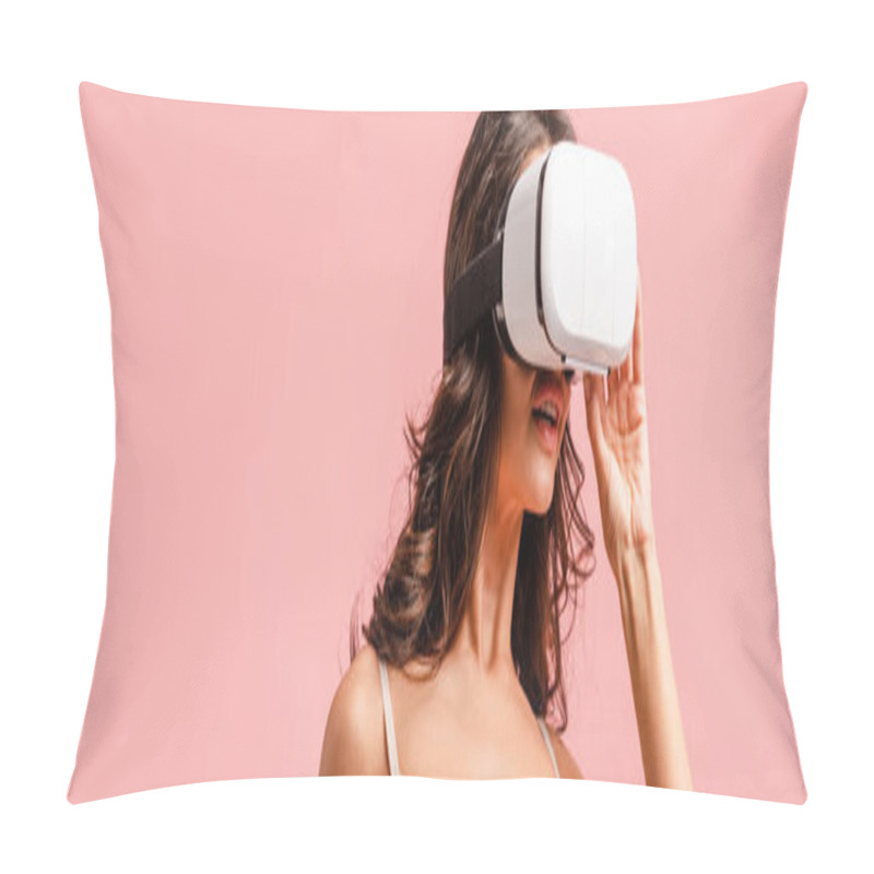 Personality  Panoramic Orientation Of Woman In Virtual Reality Headset Isolated On Pink Pillow Covers