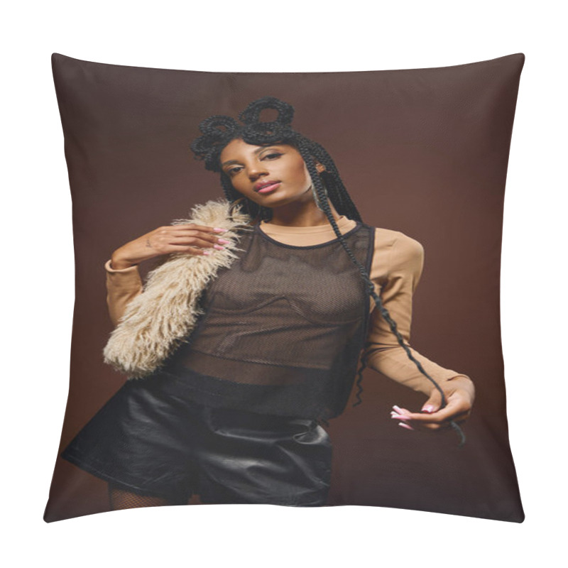 Personality  A Young Woman Poses Effortlessly In Trendy Attire, Showcasing Her Style Against A Dark Backdrop. Pillow Covers