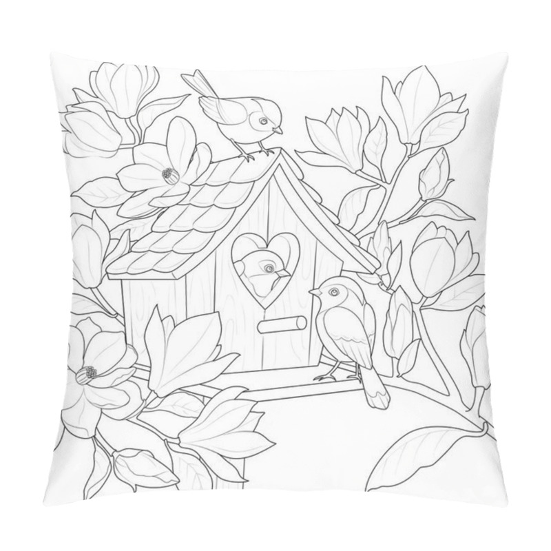 Personality  Birds In The Birdhouse On A Magnolia Branch. Black And White. Art Therapy Coloring Page For Kids And Adults. Page For Relaxation And Meditation. Vector Contour Illustration. Pillow Covers