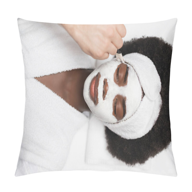 Personality  Top View Of Positive African American Woman Wearing Bathrobe, Lying Near Spa Therapist Applying Face Mask On Cheek In Spa Salon Pillow Covers