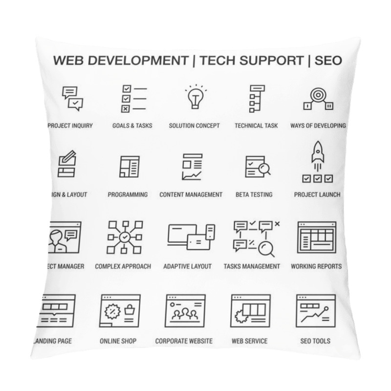 Personality  Web Developing. Tech Support. SEO. Icons Set. Linear. Black On White. Pillow Covers