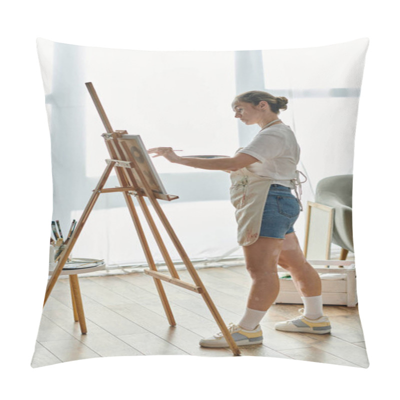 Personality  A Woman With Vitiligo Passionately Paints In A Sunny Studio. Pillow Covers