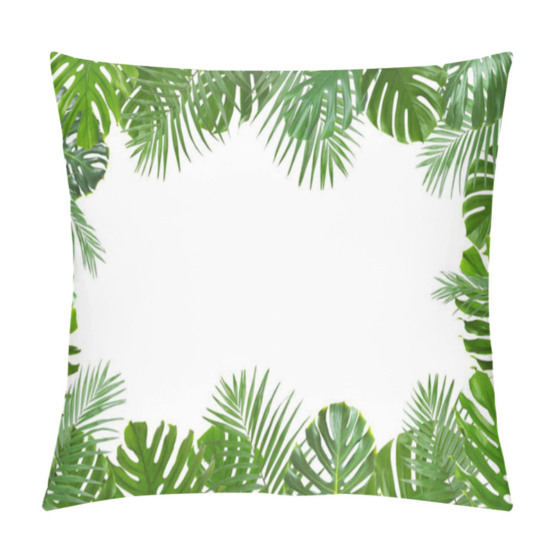 Personality  Frame Made Of Fresh Green Tropical Leaves On White Background. Space For Design Pillow Covers