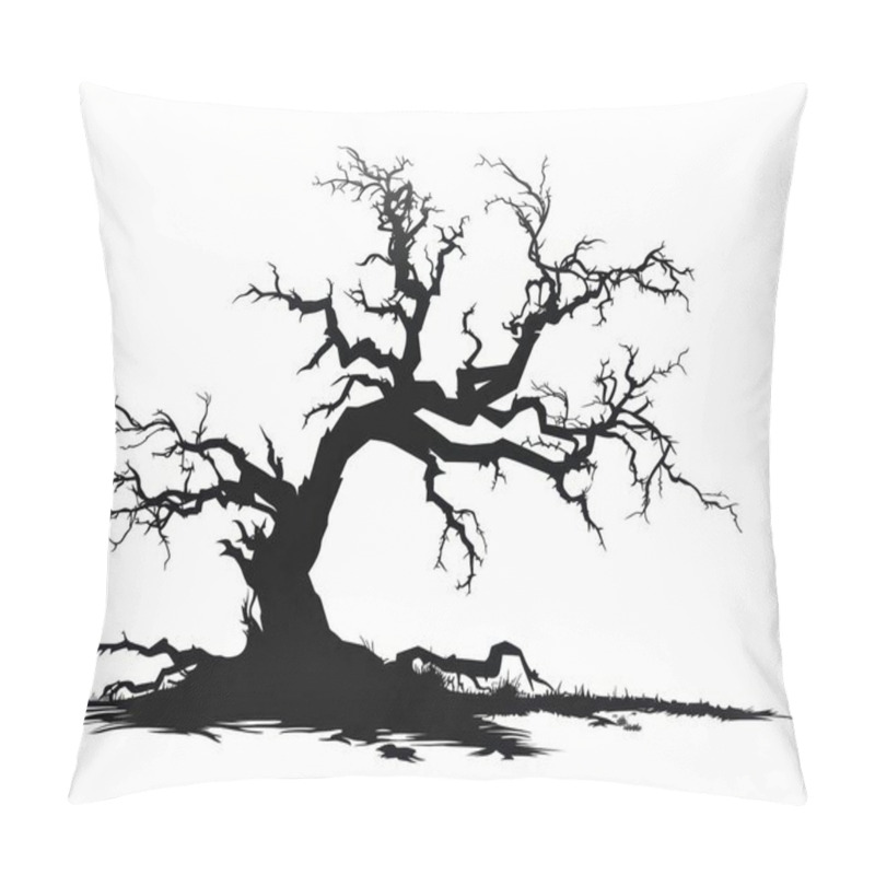 Personality  A Haunting Silhouette Of A Twisted, Gnarled Tree Against A Stark White Background, Embodying A Sense Of Isolation. Pillow Covers