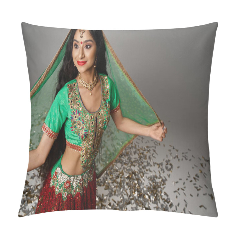 Personality  Joyful Young Indian Woman In National Costume With Bindi Dot Posing On Confetti And Looking Away Pillow Covers