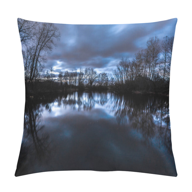 Personality  Fantastic Beautiful Long Exposure Sunset Photograph With Blue And Pink Clouds Above With Mirrored Reflection Of The Trees And Sky In The Calm Water Of A Pond In Wisconsin Making A Gorgeous Background. Pillow Covers