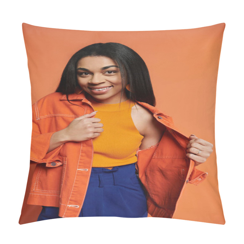 Personality  A Cheerful Woman In Vibrant Attire Expresses Joy And Confidence. Pillow Covers