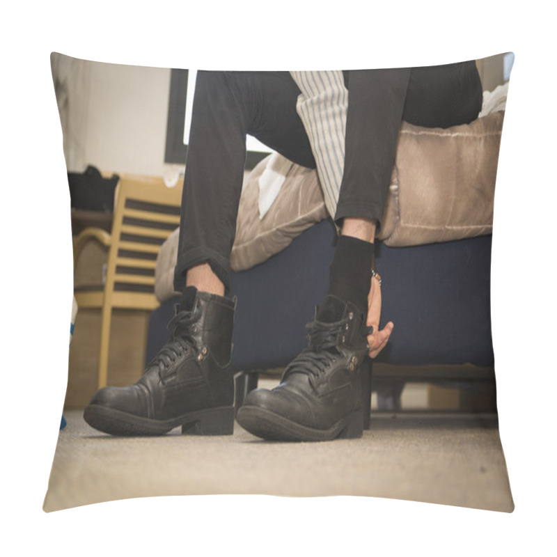 Personality  Close-up Of Man At Home Putting On Shoes Pillow Covers