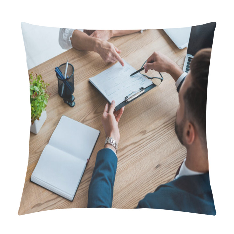 Personality  Cropped View Of Employee Pointing With Finger At Clipboard Near Recruiter Pillow Covers