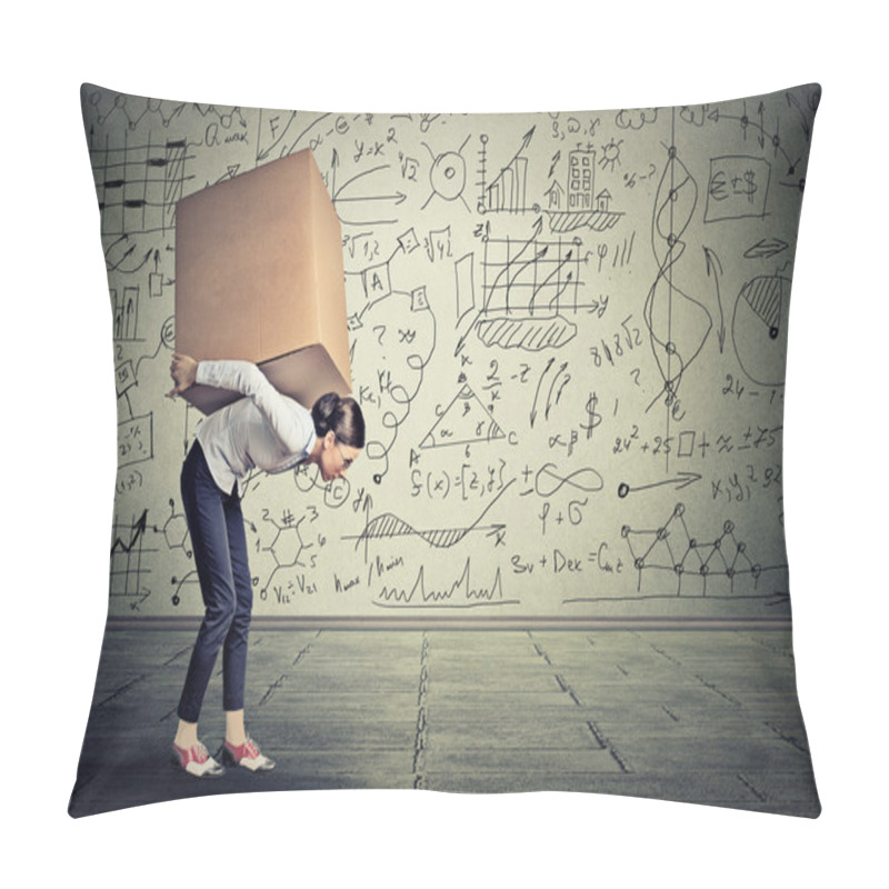 Personality  Woman Carrying Heavy Box Walking Along Gray Wall  Pillow Covers