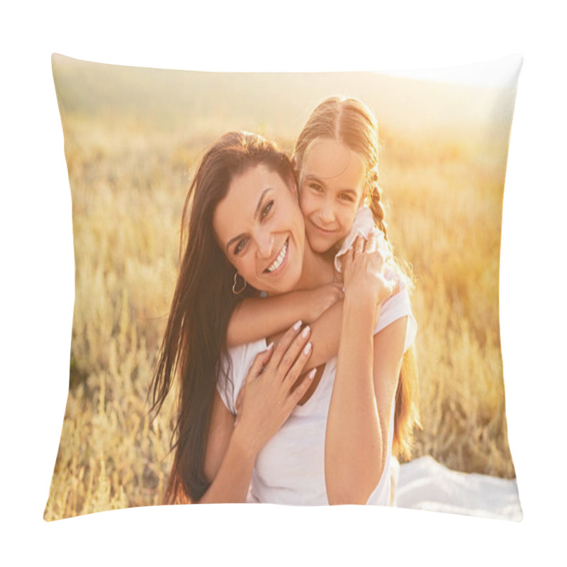 Personality  Happy Daughter Hugging Mother In Meadow Pillow Covers