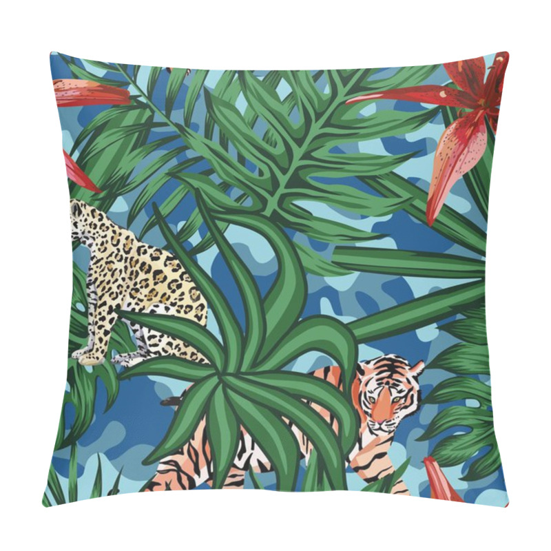 Personality  Tiger Leopard Tropical Leaves Lily Seamless Camo Background Pillow Covers