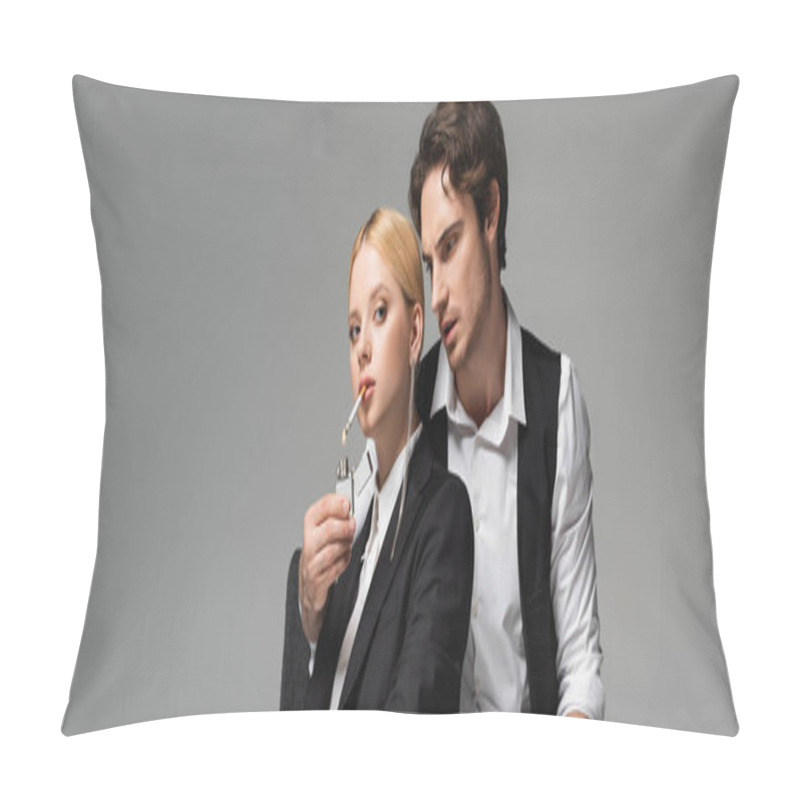 Personality  Stylish Man Lightening Cigarette Of Blonde Woman Looking At Camera Isolated On Grey, Banner Pillow Covers