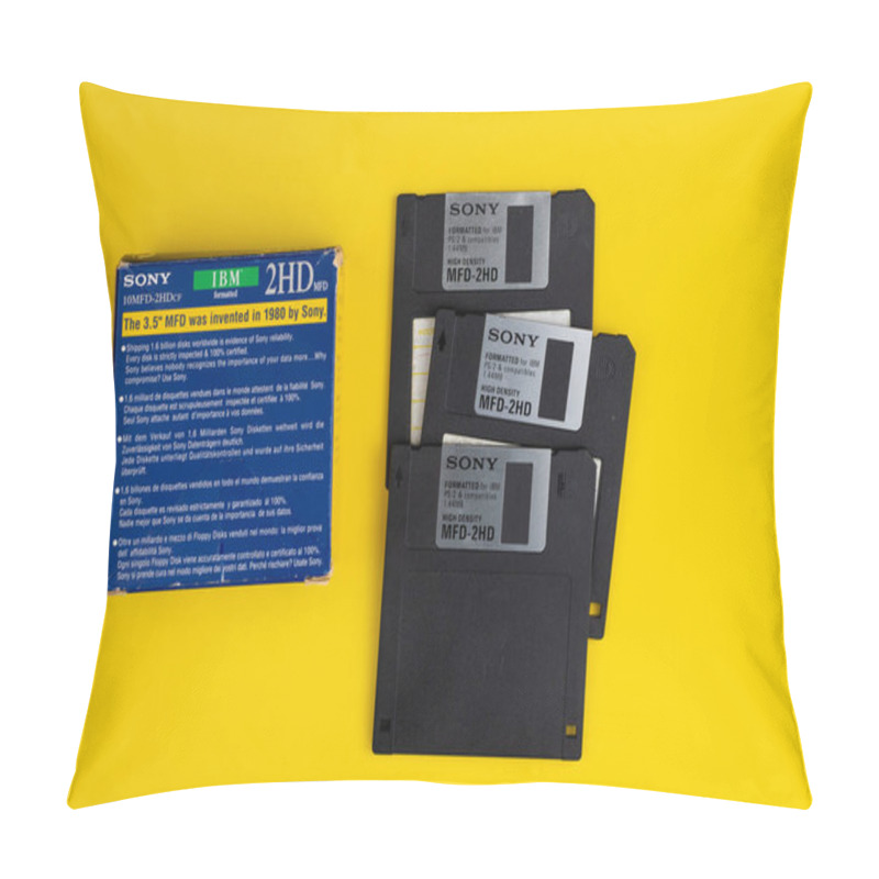 Personality  Ukraine, Kyiv - February 7, 2021: SONY Floppy Disk 3.5 Inch. The Diskettes 3 2 Are A Technology Of 80s. Retro, Vintage And Colourful Computer Diskette. Yellow Background. Pillow Covers