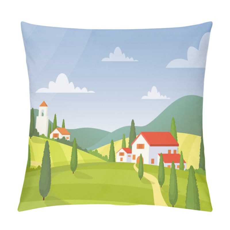 Personality  Modern Village House Flat Vector Illustration. Italy Farmland Buildings At Green Meadow. Countryside Houses Exterior. Cottages On Nature. Pasture, Farm Fields And Blue Sky Scenery. Villa Facades. Pillow Covers