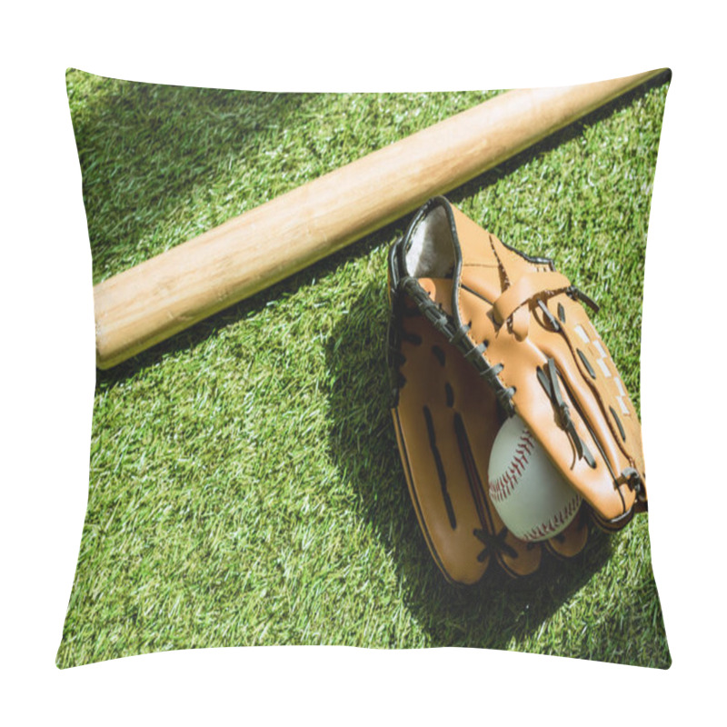 Personality  Top View Of Baseball Glove With Ball And Bat Lying On Green Grass Pillow Covers