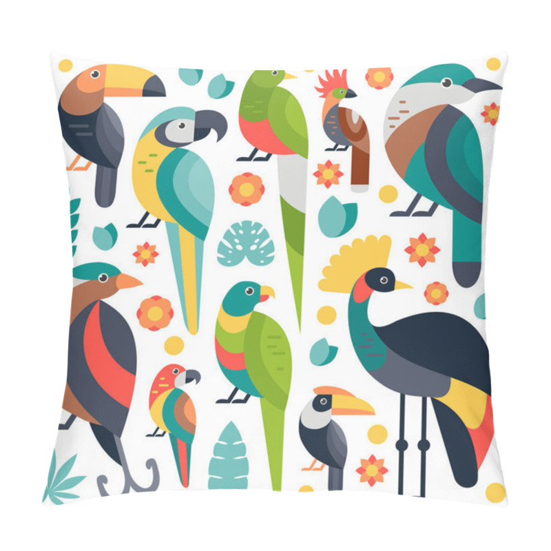 Personality  Flat Style Illustration With Toucan, Blue And Yellow Macaw, Bird Of Paradise And Other Types Of Birds. Vector Set Of Tropical Birds With Flowers And Leaves. Pillow Covers