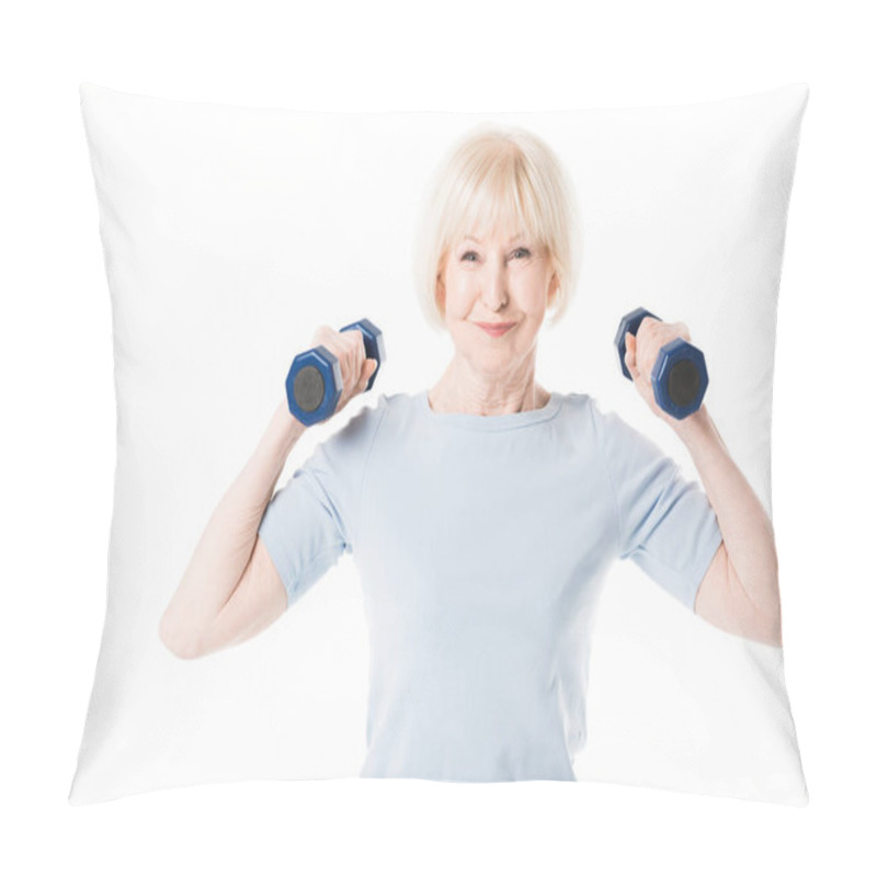 Personality  Senior Sportswoman Training With Dumbbells Isolated On White Pillow Covers