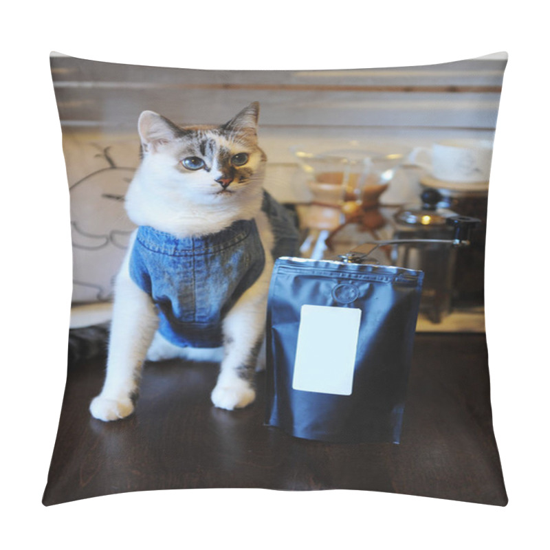 Personality  Beautiful Blue-eyed Cat In Denim Vest With Pack Of Coffee. Empty Label, Space For Design. Alternative Brewing Pillow Covers