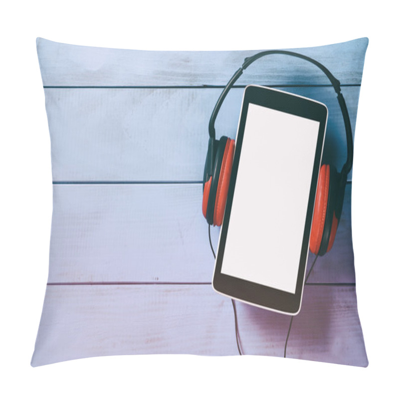 Personality  Top View Of Tablet And Headphones Over Wooden Table Pillow Covers