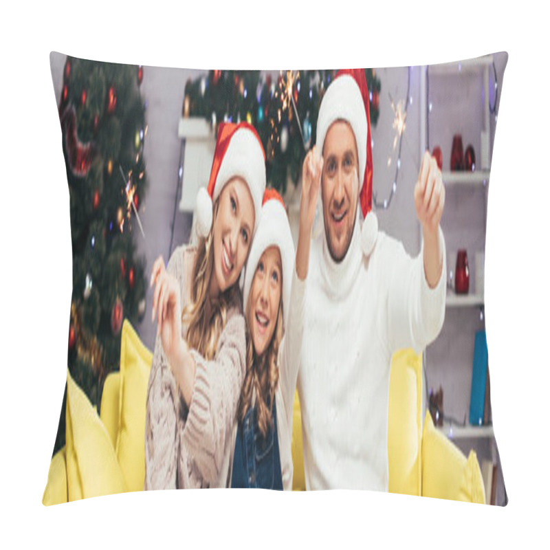 Personality  Happy Family In Santa Hats Holding Sparklers In Decorated Living Room, Banner Pillow Covers