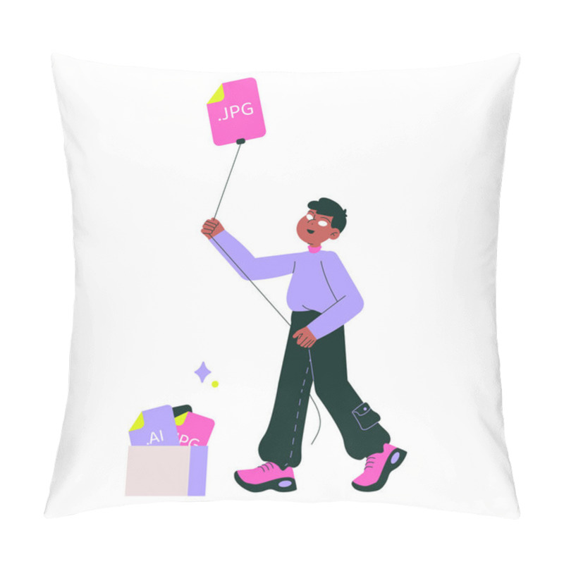 Personality  Male Character Walking And Holding A Balloon Shaped Like A File Icon, Next To A Box Of Files, Symbolizing Creativity, File Management, And Digital Organization. Pillow Covers