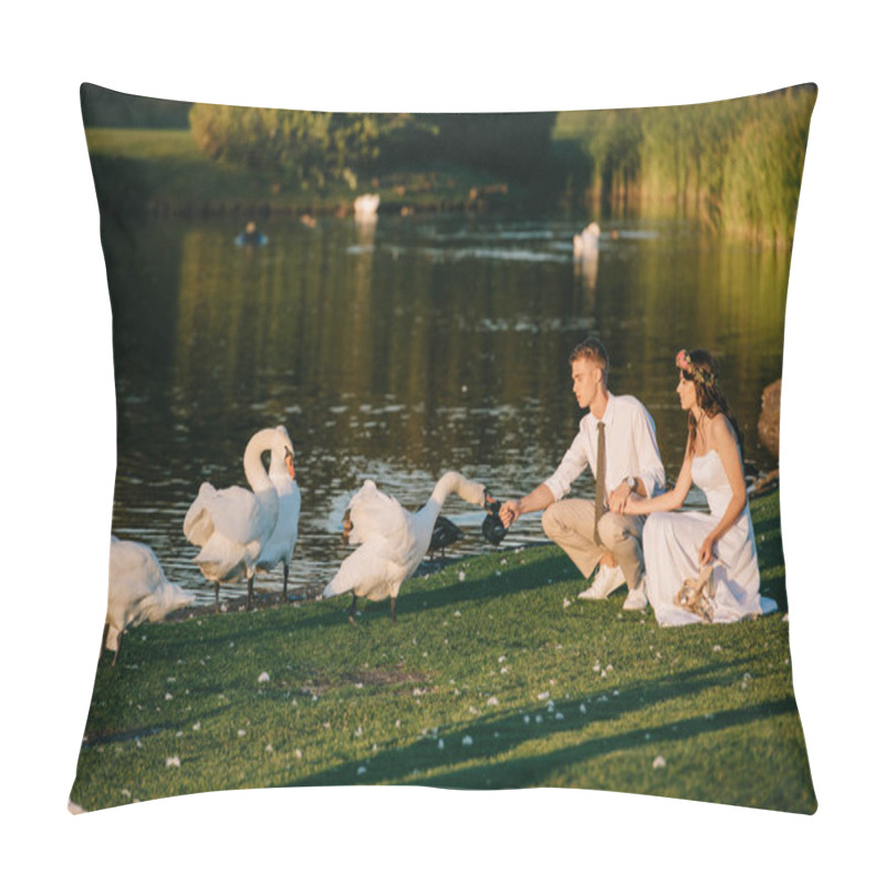 Personality  Beautiful Young Wedding Couple Feeding Swans Near Lake Pillow Covers