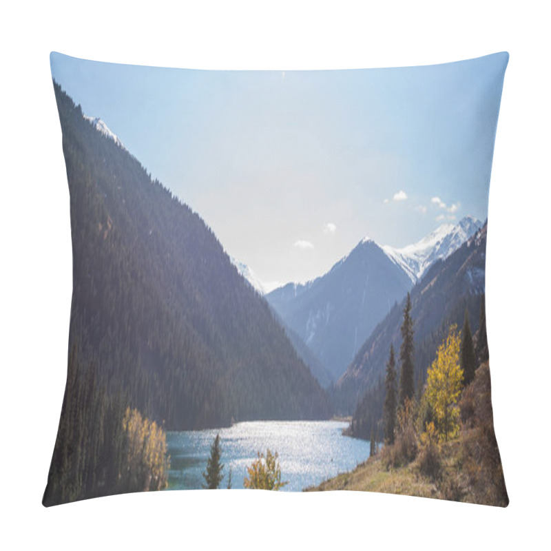 Personality  Crystal-clear Mountain Lake Nestled Among Evergreen Pine Forests With Snow-capped Peaks In The Background, Under A Bright Blue Sky Pillow Covers