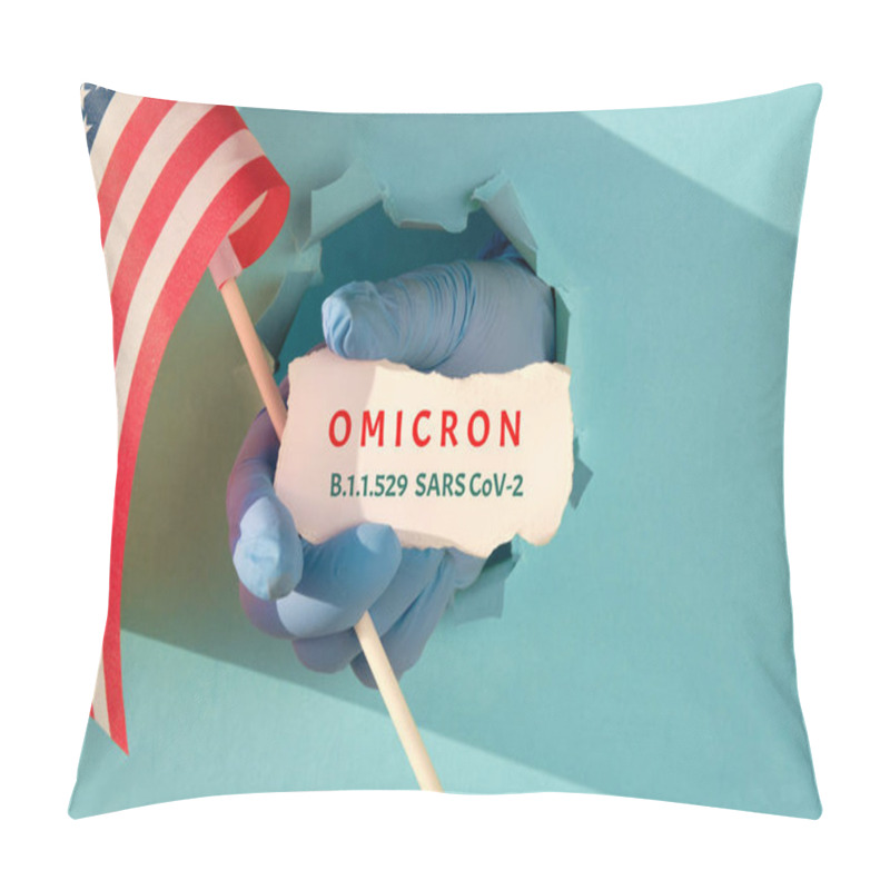 Personality  Omicron In United States Of America. New Corona Virus Variant Of Concern. Hand In Glove From Torn Paper Hole Holds USA, American Flag And Scrap Of Paper With Name Of The New Coronavirus Variant. Pillow Covers