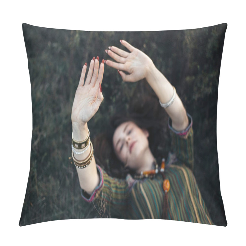 Personality  Beautiful Boho Girl Lying On Grass With Hands Up. Focus On Hand Pillow Covers