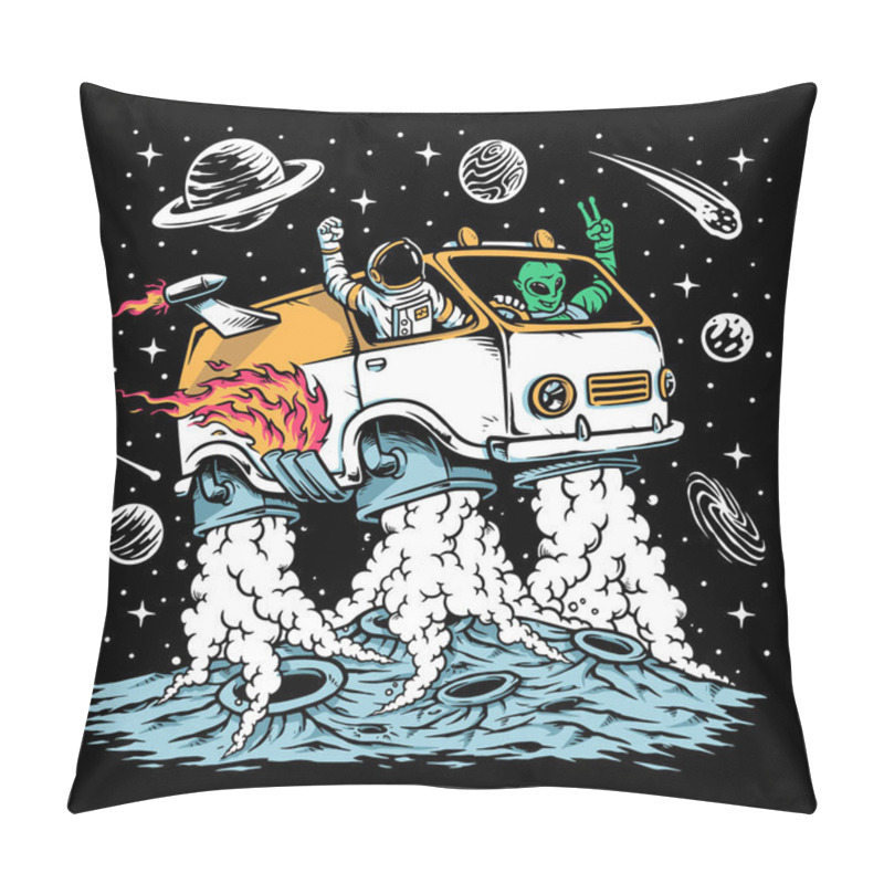 Personality  Astronaut And Alien Drive Space Car Illustration Pillow Covers