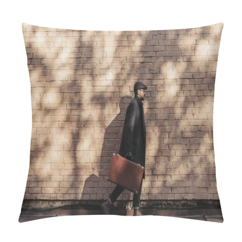 Personality  Side View Of Adult Man With Suitcase Walking In Front Of Brick Wall Pillow Covers