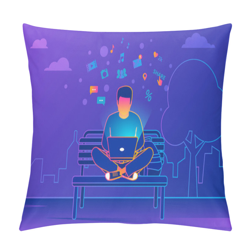 Personality  Young Man Sitting In The Park And Working With Laptop On Violet Background. Pillow Covers