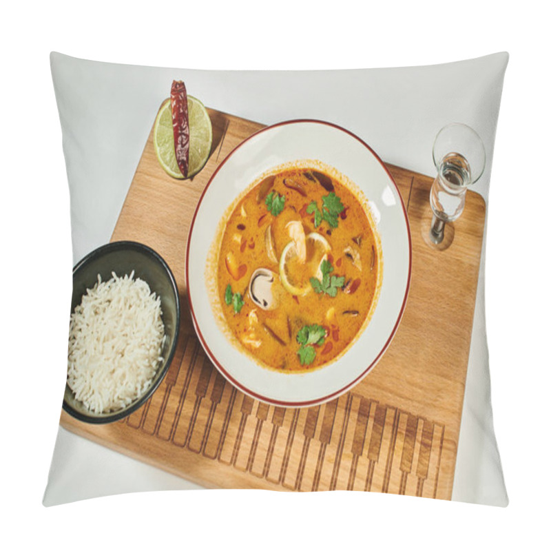 Personality  Thai Soup With Coconut Milk, Shrimp, Lemongrass And Cilantro Near Rice Bowl On Grey, Tom Yum Pillow Covers