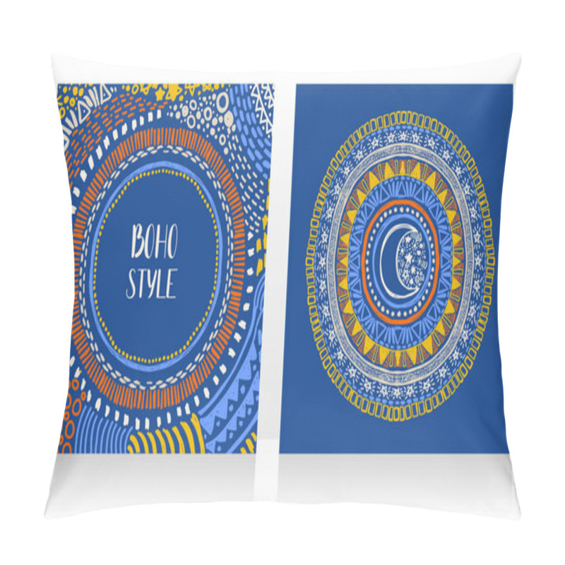 Personality  Two Cards With Gypsy Style Moon Symbol And Boho Style Frame, Sketch Style Vector Illustration Pillow Covers