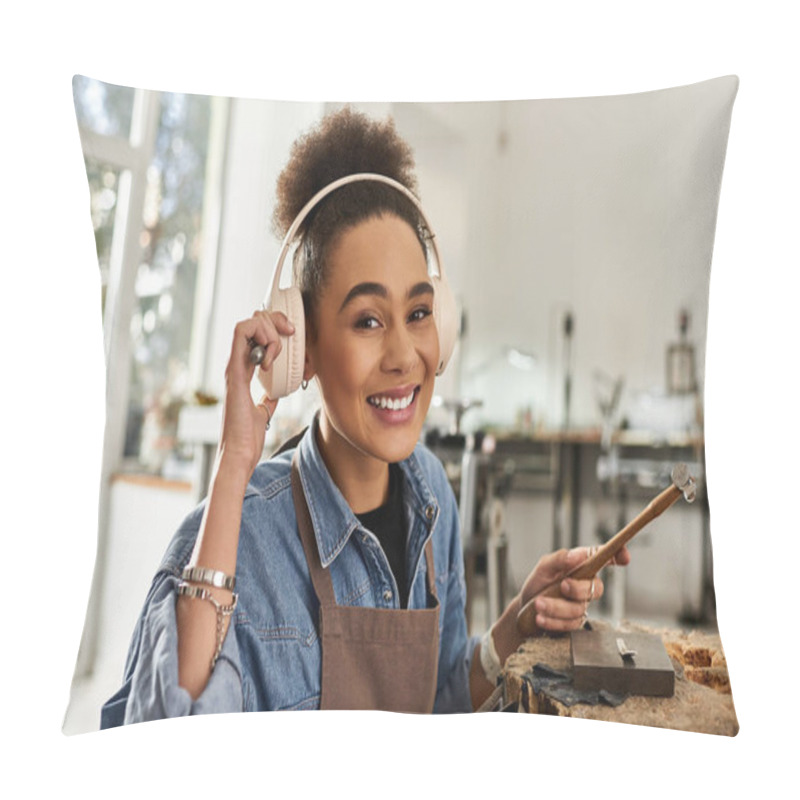 Personality  A Skilled Artisan Smiles While Creating Stunning Jewelry, Wearing Headphones In A Bright Workspace. Pillow Covers