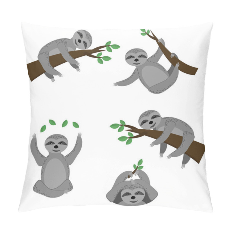 Personality  Set Of Sloths In Various Poses Sitting On Branches Or Surface, Lazy Animal Of Gray Color In Flat Style Vector Illustration Pillow Covers