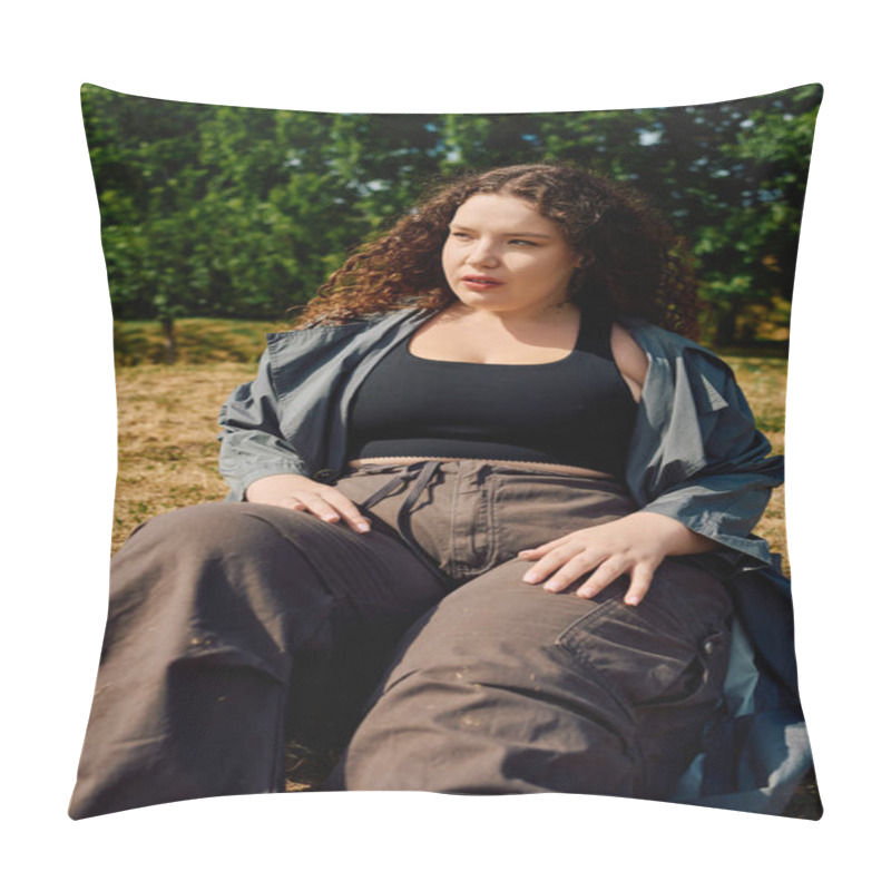 Personality  A Beautiful Plus Size Woman Relaxes In A Sunlit Field, Surrounded By The Beauty Of Nature. Pillow Covers