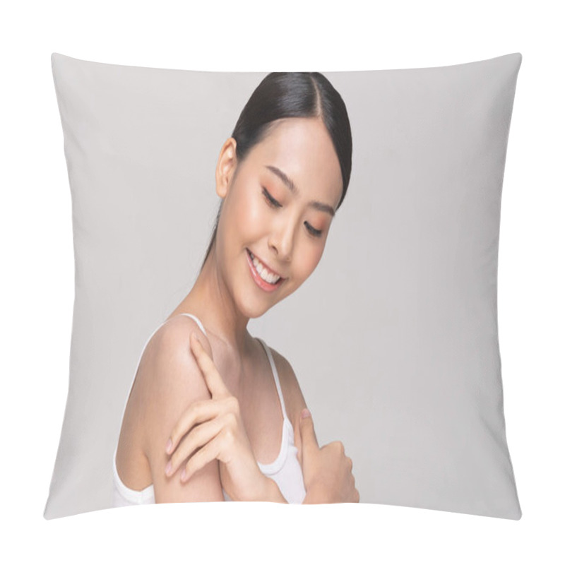 Personality  Beautiful Young Asian Woman Looking While Touching Shoulder Feeling So Happy And Cheerful With Healthy Clean And Fresh Skin,isolated On White Background,Beauty Cosmetics Concept Pillow Covers