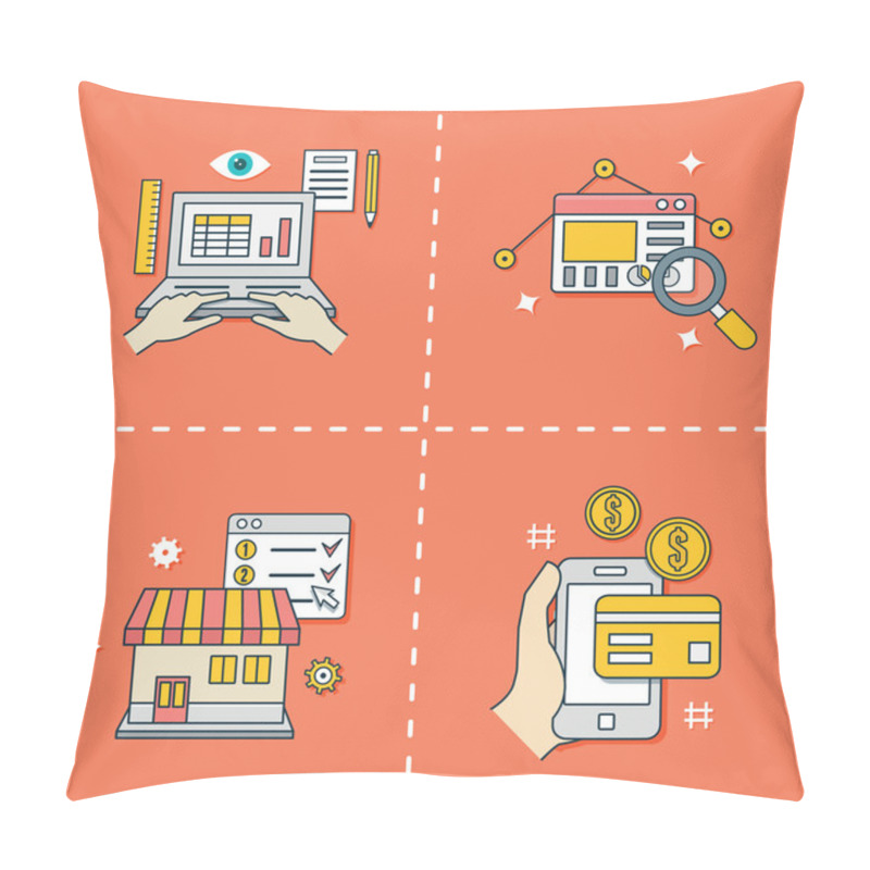 Personality  Set Of Flat Line Symbols For Online Shopping. Analytics, E-commerce, Online Shop, Payments Pillow Covers