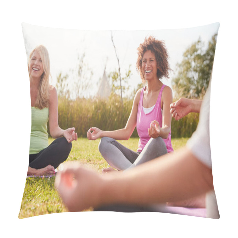 Personality  Group Of Mature Men And Women In Class At Outdoor Yoga Retreat Sitting Circle Meditating Pillow Covers