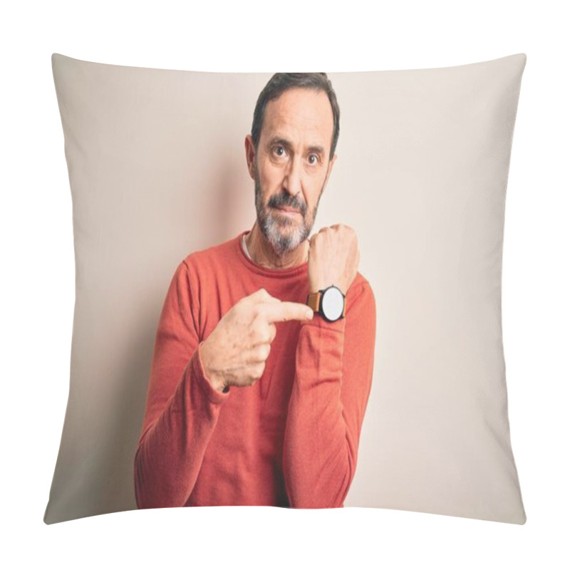 Personality  Middle Age Hoary Man Wearing Casual Orange Sweater Standing Over Isolated White Background In Hurry Pointing To Watch Time, Impatience, Looking At The Camera With Relaxed Expression Pillow Covers