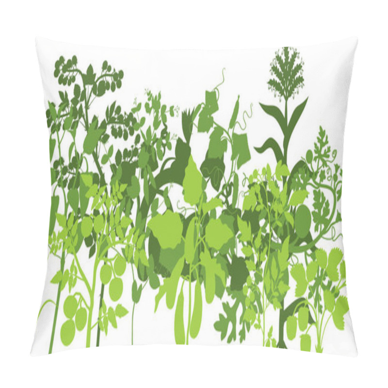 Personality   Green Silhouette Of Group Of Vegetable Plants With Harvest Of Fruits And Leaves Isolated On White Background Pillow Covers