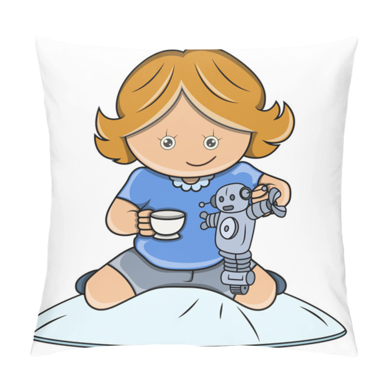 Personality  Little Girl Playing With Robot - Vector Cartoon Illustration Pillow Covers