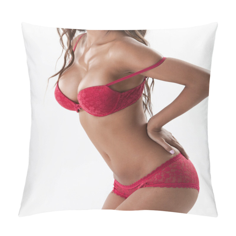 Personality  Sexy Brunette With Large Breasts In Red Lingerie Pillow Covers