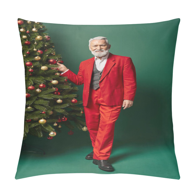 Personality  Stylish Handsome Santa Claus Posing Near Christmas Tree Touching Decorations, Winter Concept Pillow Covers