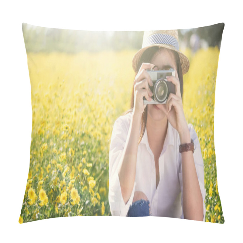 Personality  Young Woman Travel On Vacation And Using A Camera To Take Photo  Pillow Covers