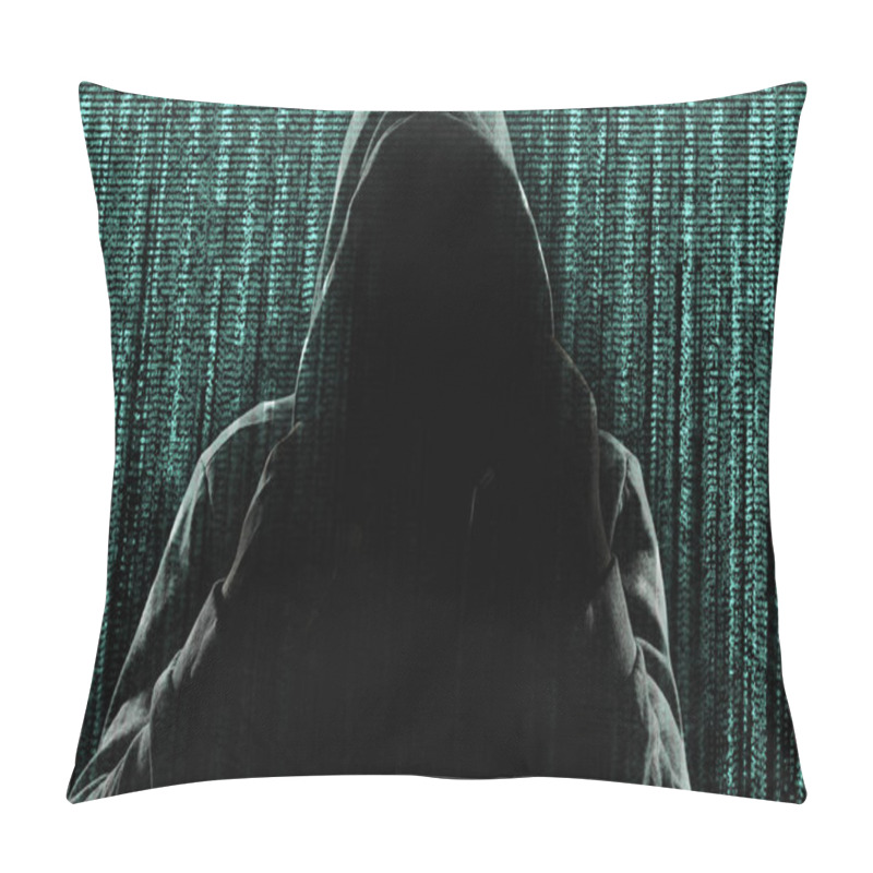 Personality  Dark Silhouette Of Cyber Criminal Against Background With Digital Symbols Pillow Covers